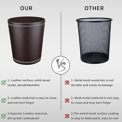Pu Leather Trash Can for Bedroom, 2.6 Gallon Wastebasket for Office, Small Bathroom Garbage Cans for Home Decorative, Round Waste Basket Bin for Dorm Kitchen Brown