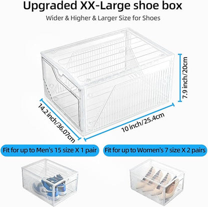 Modular XX-Large Shoe Organizer,Shoe Storage Organizer,10 Pack Shoe Box Clear Plastic Stackable,Drop Front Shoe Box with magnetic Door, Containers For Sneaker,Fit up to US Size 15