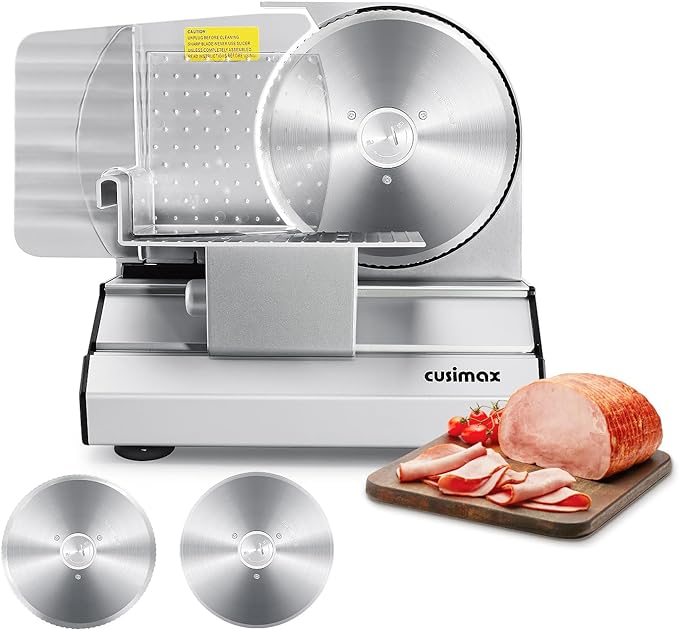 CUSIMAX Electric Meat Slicer for Home,Two 7.5''Stainless Steel Blades,1-20mm Adjustable Thickness,Easy to Cut Various Foods,Removable Food Carriage for Easy Cleaning
