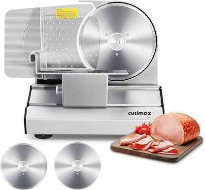 CUSIMAX Electric Meat Slicer for Home,Two 7.5''Stainless Steel Blades,1-20mm Adjustable Thickness,Easy to Cut Various Foods,Removable Food Carriage for Easy Cleaning