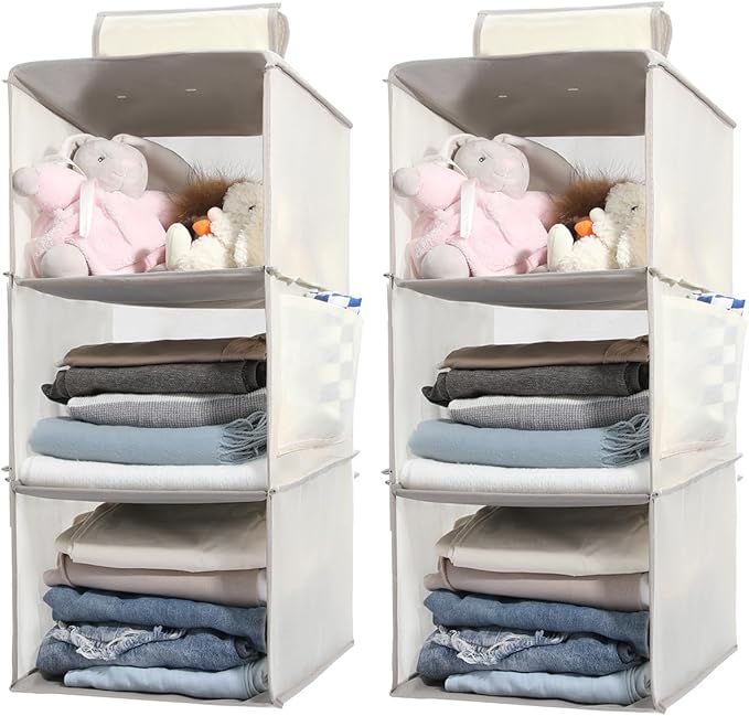 2 Packs Hanging Closet Organizer Storage, 3-Shelf Hanging Shelves for Closet, Closet Clothes Organizer and Storage with Side Pocket, Beige