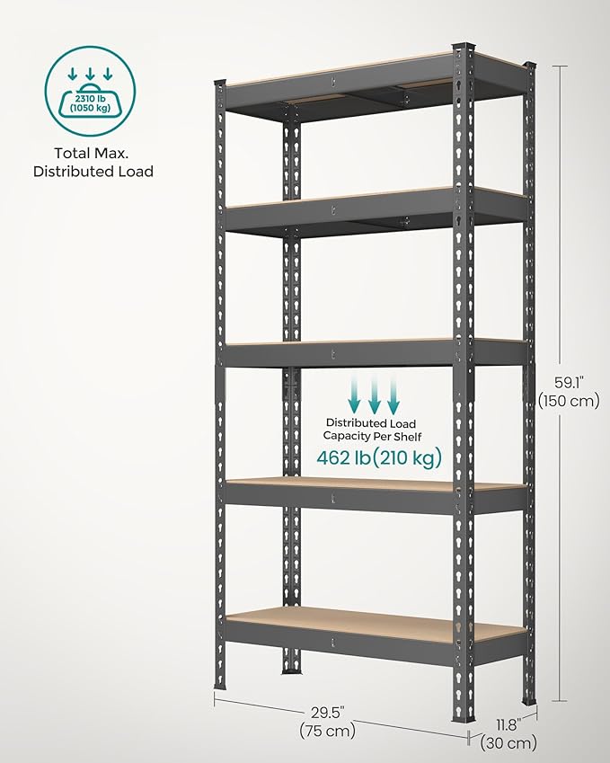 SONGMICS 5-Tier Storage Shelves, Load 2310 lb, Set of 2 Garage Storage, Boltless Assembly, Adjustable Shelving Unit, 11.8 x 29.5 x 59.1 Inches, for Study Shed Basement, Gray UGLR300G02
