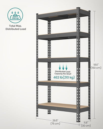 SONGMICS 5-Tier Storage Shelves, Load 2310 lb, Set of 2 Garage Storage, Boltless Assembly, Adjustable Shelving Unit, 11.8 x 29.5 x 59.1 Inches, for Study Shed Basement, Gray UGLR300G02