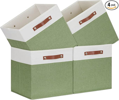 Temary 13 Inch Cube Storage Bin 4 Pack Fabric Storage Cubes Fabric Storage Bin for Shelf, Cube Storage Basket with Leather Handles(White&Green)