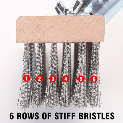 MAXMAN Stainless Steel Floor Scrubber Scrub Brush with Long Handle, Deck Brush, 63" Heavy Duty Outdoor Push Broom, Moss Remover, Wire Scratch Brush for Scrubbing Concrete, Patio, Garage, 2 Brush Head