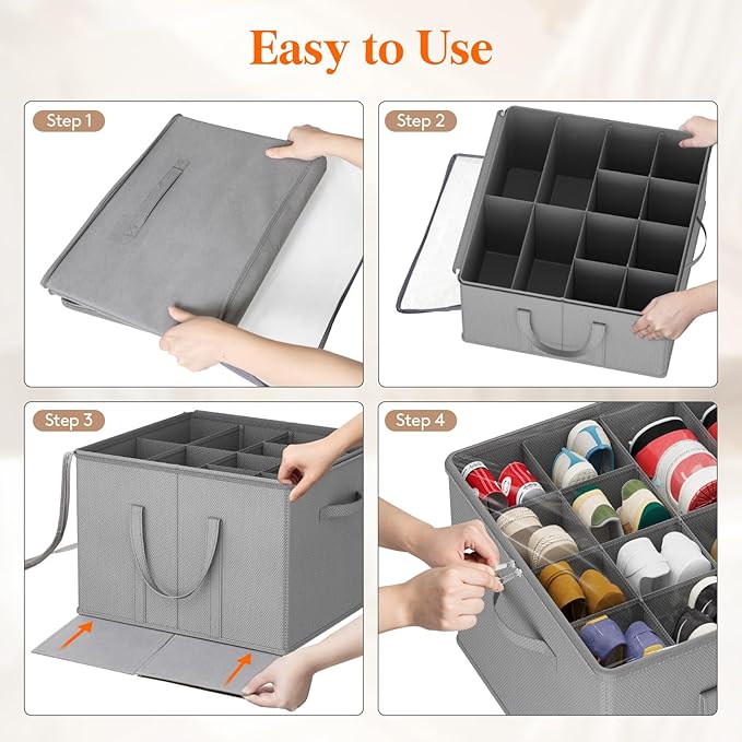 Lifewit Shoe Storage Organizer for Closet Fits 12-16 Pairs, Fabric Large Shoe Box Storage Containers with Clear Cover, Foldable Bins Fit for Boots Sneakers 17"(L) x 17"(W) x 12.5"(H) 1 Pack Light Gray