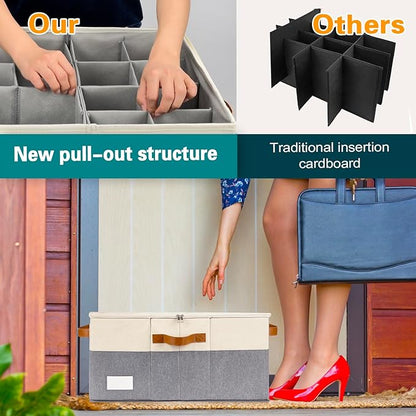 Shoe Organizer for Closet, Foldable Shoe Storage Bins with Clear Cover, Space Saving Shoes Holder with 4 Handles, Large Adjustable Shoe Box Storage Containers, Fits 12-24 Pairs, 1 Pack, Beige