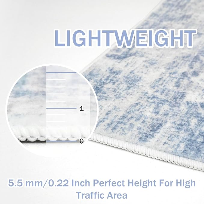 IOHOUZE Abstract Area Rugs 6x9 Ft Washable Rugs for Living Room, Non Slip Dining Room Rug, Printed Faux Wool Rugs for Bedroom, Floor Carpet for Office Nursery Playroom, Light Blue White