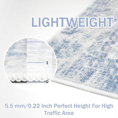 IOHOUZE Abstract Area Rugs 5x7 Ft Washable Rugs for Living Room, Non Slip Dining Room Rug, Printed Faux Wool Rugs for Bedroom, Floor Carpet for Office Nursery Playroom, Light Blue White
