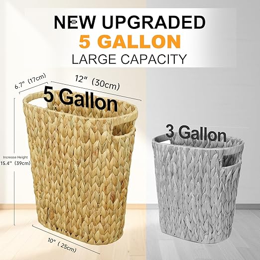 Wicker Trash Can,Bathroom Trash Can,Water Hyacinth Wicker Waste Basket for Bathroom,Handwoven Narrow Small Waste Basket for Bedroom,Office,5 Gallon