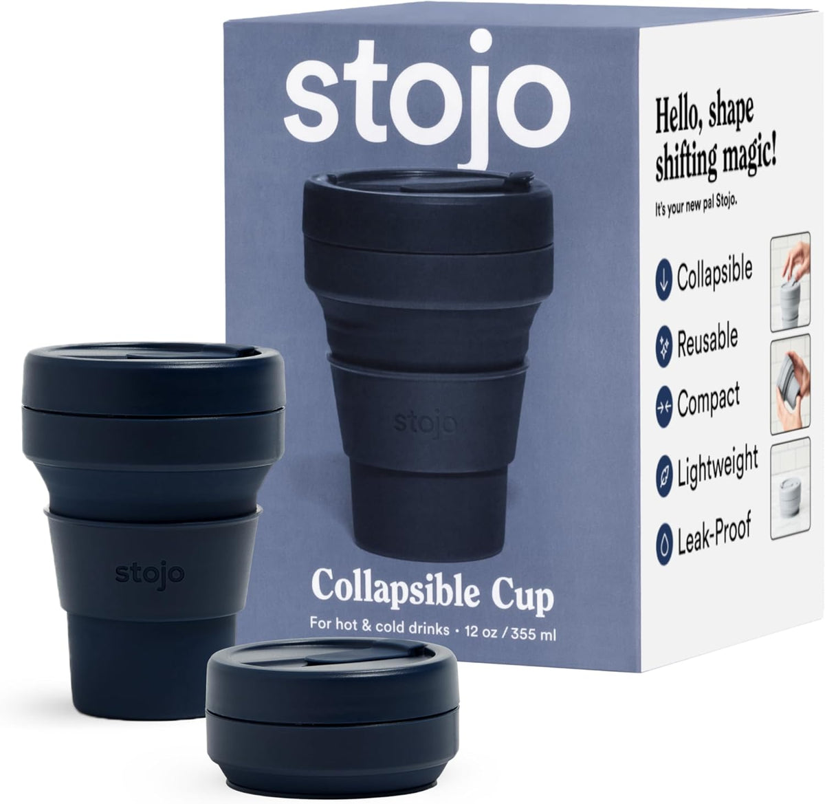 STOJO Collapsible Travel Cup - Reusable To-Go Pocket Size Silicone Bottle for Hot and Cold Drinks - Perfect for Camping - Microwave & Dishwasher Safe (Denim, 12 Ounce (Pack of 1) - No Straw)