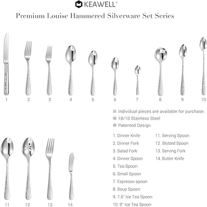 KEAWELL Premium 4-Piece Louise Hammered Spoons Set, 18/10 Stainless Steel, Set of 4, Fine Spoon Set with Round Edge, Dishwasher Safe (7.6" Dinner Spoons)