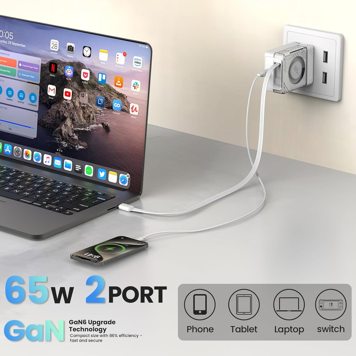 Nillkin FlexLine 65W for Retractable Wall Charger(GaN6), Dual-Port with 28.7in Retractable USB C Cable + 39.3in USB C Cable(Extra), iPhone Charger, MacBook, iPad, Samsung, Fast Charger - White