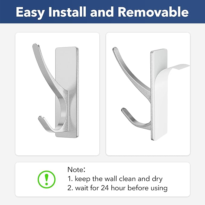 Self-Adhesive Coat Hooks for Hanging - Heavy Duty Stainless Double Wall Hook for Towel, Backpack, Hat, Sturdy Metal Hanger for Bathroom, Bedroom, Door, Wall Mounted, 10-Pack, Silver