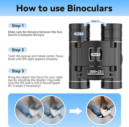 300x25 Binoculars for Adults and Kids, High Powered Mini Pocket Binoculars with Phone Adapter, Waterproof Compact Telescope for Bird Watching, Hunting, Concert, Theater, Opera, Traveling, Sightseeing