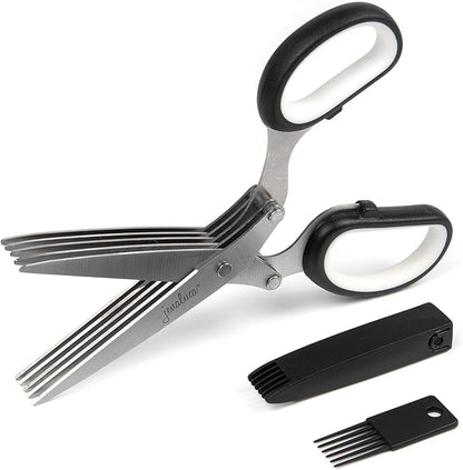 Jenaluca 5 Blade Herb Scissors - Salad Scissors - Cut & Chop Fresh Herbs & Leafy Greens - Stainless Steel Kitchen Shear Set with Cleaning Comb & Safety Cover - Kitchen Gadget - Black