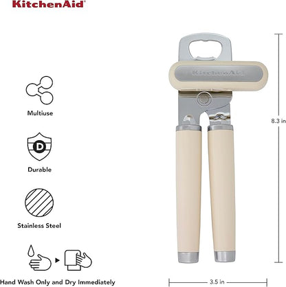 KitchenAid Classic Multifunction Can Opener and Bottle Opener Easy to Use, Razor Sharp Stainless Steel Cutting Wheel, Soft Ergonomic Handles, Almond Cream