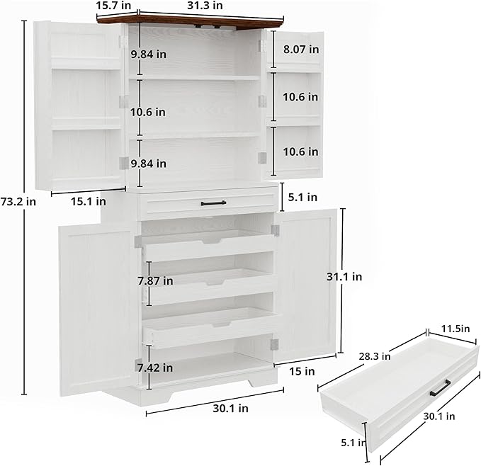 IRONCK Farmhouse Kitchen Pantry Cabinet, 72" Height Tall Freestanding Cupboard with Sliding Storage Rack and 6 Hanging Shelves for Kitchen, Dining Room, White