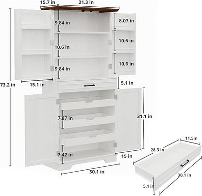 IRONCK Farmhouse Kitchen Pantry Cabinet, 72" Height Tall Freestanding Cupboard with Sliding Storage Rack and 6 Hanging Shelves for Kitchen, Dining Room, White