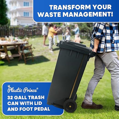 32 Gallon Step-On Large Outdoor Trash Can with Lid and Wheels - Outside Plastic Rolling Garbage Can - Rollout Commercial Heavy-Duty Container Barrel, Gray