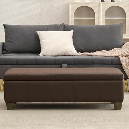 51 Inch Brown Faux Leather Ottoman with Storage, Rectangular Extra Long Bench, End of Bed Bench with Large Storage for Bedroom, Living Room