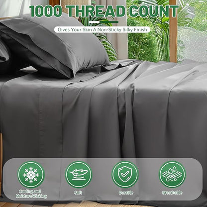 1000 Thread Count Egyptian Cotton Sheets Queen Size Set 4PCS Sateen Weave Soft Breathable 16-Inch Deep Pocket（Queen,Dark Grey）