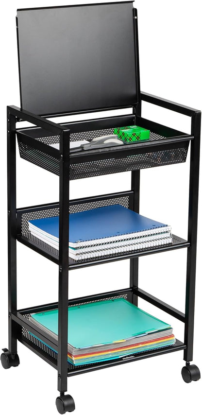 Mind Reader Cart with Covered Compartment, Office Organizer, Storage, 3-Tier, Office, Metal, 15.5" L x 11" W x 28.25" H, Black