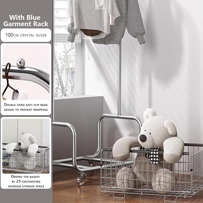 Garment Rack With Storage Baskets,Clothing Rack for Hanging Clothes, Multi-functional Bedroom Clothes Rack with Wheels for Bedroom, Living Room, Easy Assembly (40inch lenght)