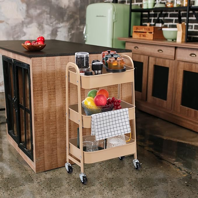 AGTEK Makeup Cart, Movable Rolling Organizer Cart, 3 Tier Metal Utility Cart with Lockable Wheels for Home & Office, Golden