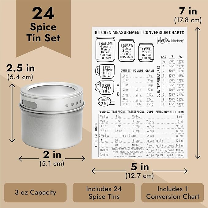 Talented Kitchen Magnetic Spice Jars - 3 oz, Stainless Steel, 24-Pack - Spice Tins with Sift & Pour Lids & Fridge Magnets for Kitchen Organization