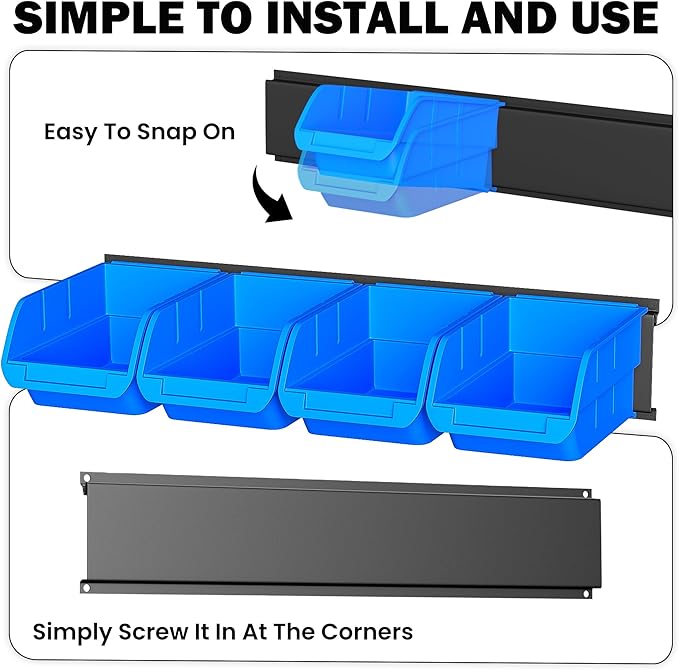 Ultrawall Wall Mounted Storage Bins, Plastic Hanging Storage Organizer Bins, Garage Tool Storage System for Screws, Nuts, Bolts, Nails, and Small Hardware Parts, 16x bins & 4 x rails, Blue