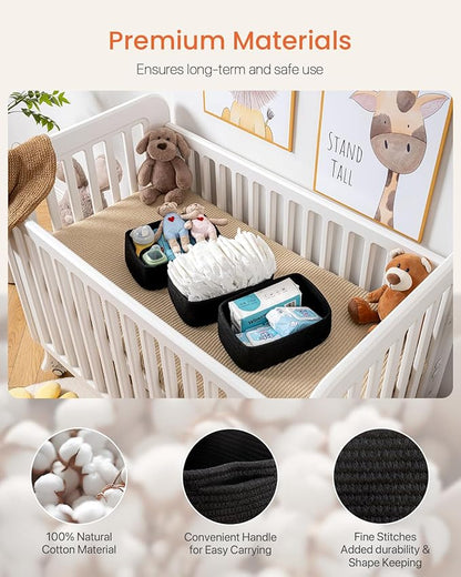 Small Woven Basket, 12 x 8 x 4.5 Inches, Storage Basket for Organizing, Cute Small Rope Shelf Closet Cube Storage Bins Baskets for Shelves, Dog Toy Gift Baskets Empty, 3 Packs, Black
