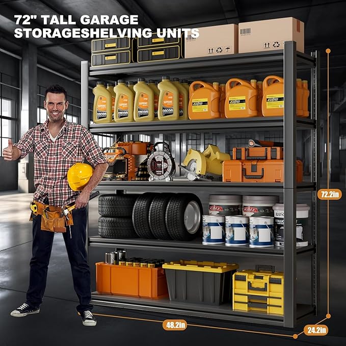 48.2" W Garage Shelving 3000LBS Storage Shelves Heavy Duty Garage Storage Shelves Adjustable 5 Tier Metal Shelves for Storage Industrial Heavy Duty Shelving Utility Shelf 24.2"Dx48.2"Wx 72.2"H