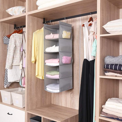 MAX Houser 5 Shelf Hanging Closet Organizer,Space Saver, Closet Hanging Shelves with (4) Side Pockets,Foldable,Light Grey