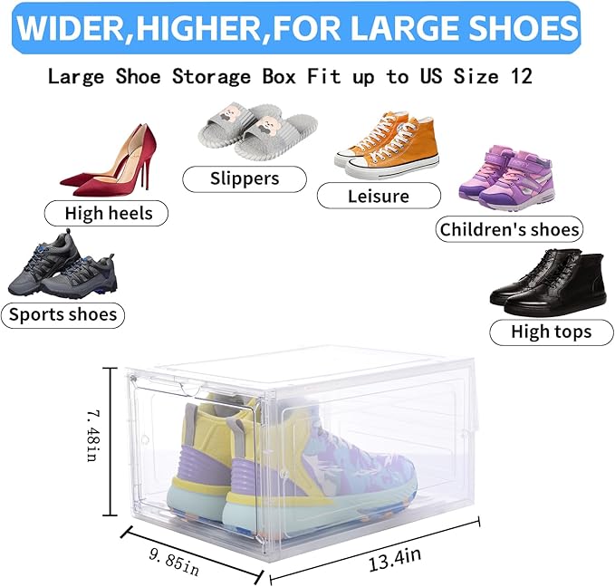 8 Pack Shoe Boxes Clear Plastic Stackable, Drop Front Shoe Storage Organizer for Closet, Sneaker Storage with Magnetic Door, Shoe Display Containers Fit US Size 12 (13.4”x 10.6”x 7.5”) Clear