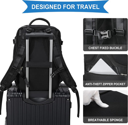 coowoz Large Travel Backpack For Women Men,Carry On Backpack Flight Approved,Hiking Backpack Waterproof Outdoor Sports Rucksack Casual Daypack Fit 15.6 Inch Laptop Shoes Compartment (Black)