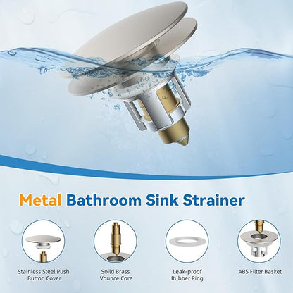 iFealClear Universal Bathroom Sink Stopper, Metal Pop Up Sink Drain Strainer with Hair Catcher Basket, Fit 1.1"-2.36" US Basin, Wash Basin Drain Plug, Big Cover Cap, Brass Bounce Core, Brushed Nickel