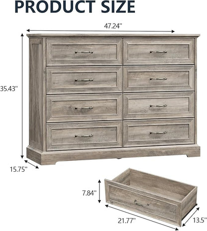 8 Drawer Dresser for Bedroom, 47" Wide Wooden Chest of Drawers, Rustic Farmhouse Dresser with Large Drawers & Metal Handles, Modern Storage Organizer for Closet, Living Room, Hallway, Grey