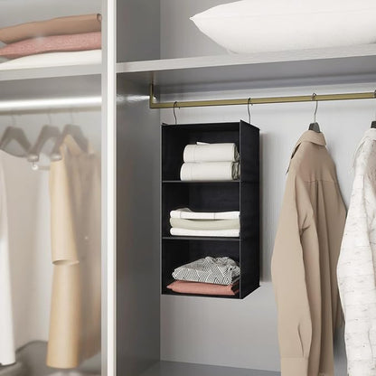 Hanging Closet Organizer - 3-Shelf, Easy Mount Foldable Wardrobe Storage Shelves for Clothes, Handbags, Shoes & Accessories - Washable Oxford Cloth Fabric, Black