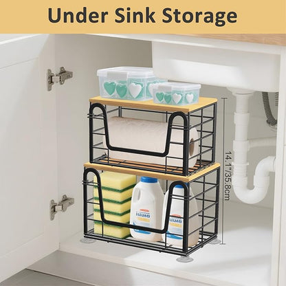 2 Pack Trash Bag Holder - Extra Large Stackable Storage for Kitchen Pantry Laundry Room Organization, Wall Mount Garbage Bag Dispenser with Bamboo Top for Under Sink Organizer, Fits 13/30/33 Gallons