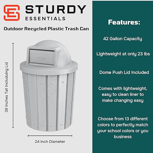 42 Gallon Slated Circle 100% Recycled Plastic Heavy Duty Outdoor Trash Can with Push Open Dome Lid and Internal Liner - Great for Schools and Businesses - Light Granite