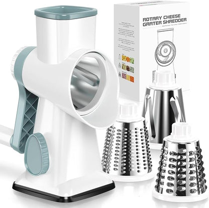 KEOUKE Rotary Cheese Grater Hand Crank White - Shredder Slicer Grinder 3 Stainless Steel Blades, Stable Suction, Labor-Saving Handle, Safe Kitchen Tool for Cheese, Vegetable, Nuts, Chocolate