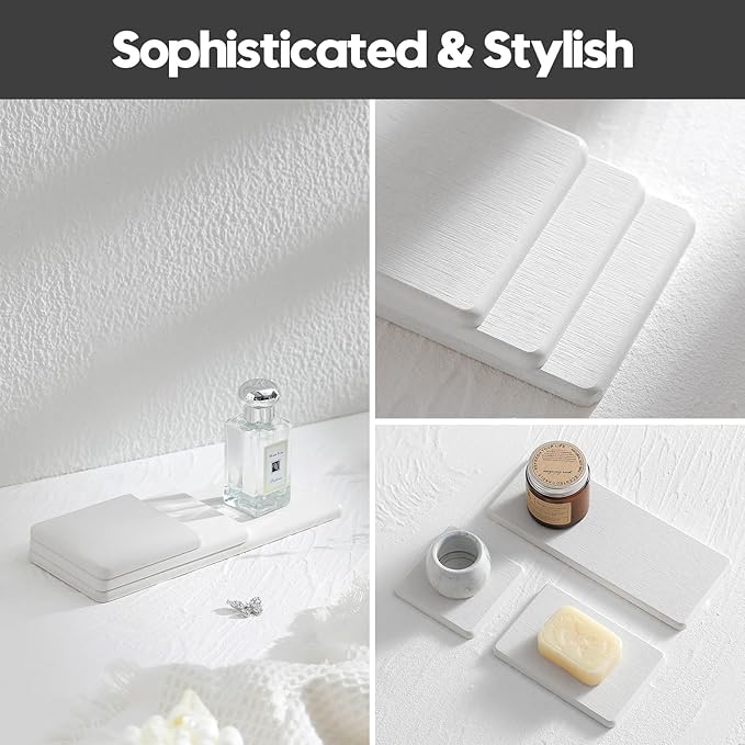 2PCS Bathroom Sink Vanity Trays, Water Absorbing Diatomite Stone Drying Soap Dish Dispenser for Kitchen Counter, Sponge Holder Mat Rack Faucet Splash Guard Caddy Organizer, Beige, 9"x3.5"