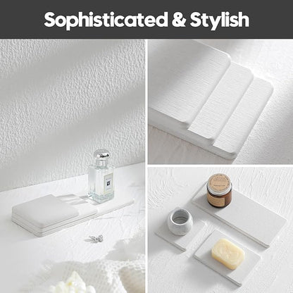 2PCS Bathroom Sink Vanity Trays, Water Absorbing Diatomite Stone Drying Soap Dish Dispenser for Kitchen Counter, Sponge Holder Mat Rack Faucet Splash Guard Caddy Organizer, Beige, 9"x3.5"