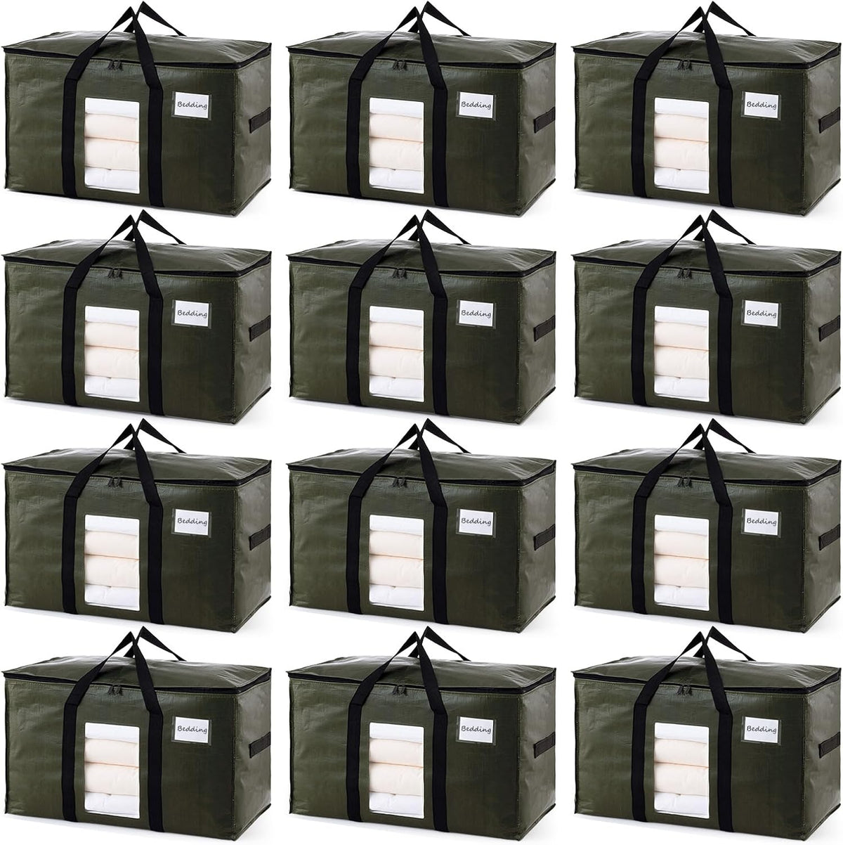 TAILI 12 Pack Green Extra Large Storage Bags, Heavy Duty Totes with Visible Window, Wrap Around Handles, Perfect for Moving and Storage