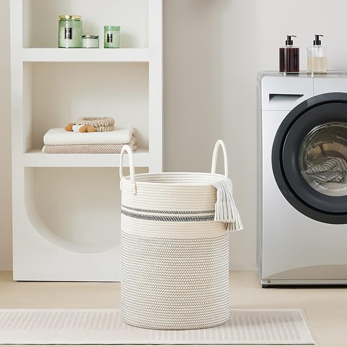 VIPOSCO Large Laundry Hamper, Tall Woven Rope Storage Basket for Blanket, Toys, Dirty Clothes in Living Room, Bathroom, Bedroom - 58L Stripe White