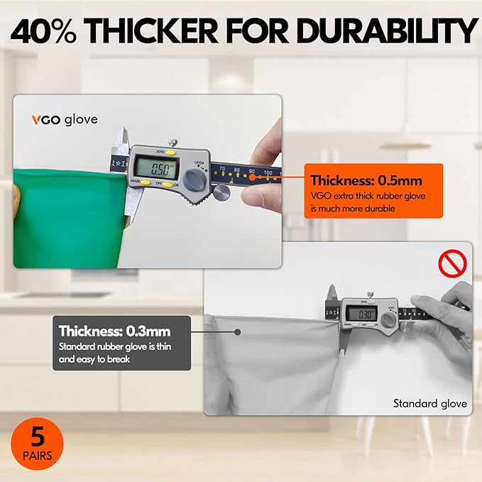Vgo... 5-Pairs Reusable Household Gloves, Rubber Dishwashing gloves, Extra Thickness, Long Sleeves, Kitchen Cleaning, Working, Painting, Gardening, Pet Care (Size L, Green, HH4601)
