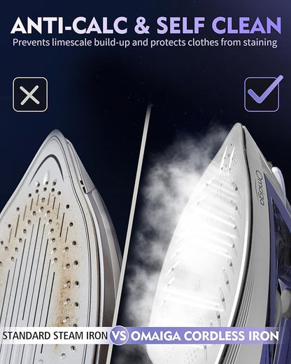 Cordless Iron for Clothes, 1550W 2-In-1 Cordless/Corded Steam Iron Rapid Heating, Ceramic Soleplate, 3-Way Auto-Off, Self-Cleaning, 12.85oz Water Tank Ironing Clothes for Home, Purple