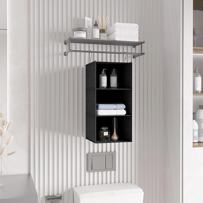 Hanging Closet Organizer - 3-Shelf, Easy Mount Foldable Wardrobe Storage Shelves for Clothes, Handbags, Shoes & Accessories - Washable Oxford Cloth Fabric, Black