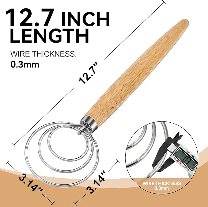 Danish Dough Whisk Dutch Bread Mixer Stainless Steel Hook Wooden Handle Baking Tools for Sourdough Pizza Pastry Cake Batter Making